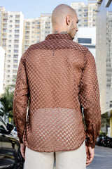 Unisex Relaxed Fit Patterned Georgette Texture Spread Collar Full Sleeve Shirt