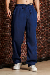 Unisex Blue Casual Linen Trouser