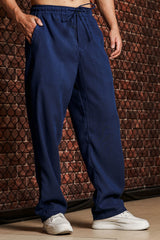 Unisex Blue Casual Linen Trouser