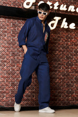 Unisex Blue Casual Linen Trouser