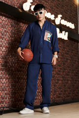 Unisex Blue Casual Linen Trouser