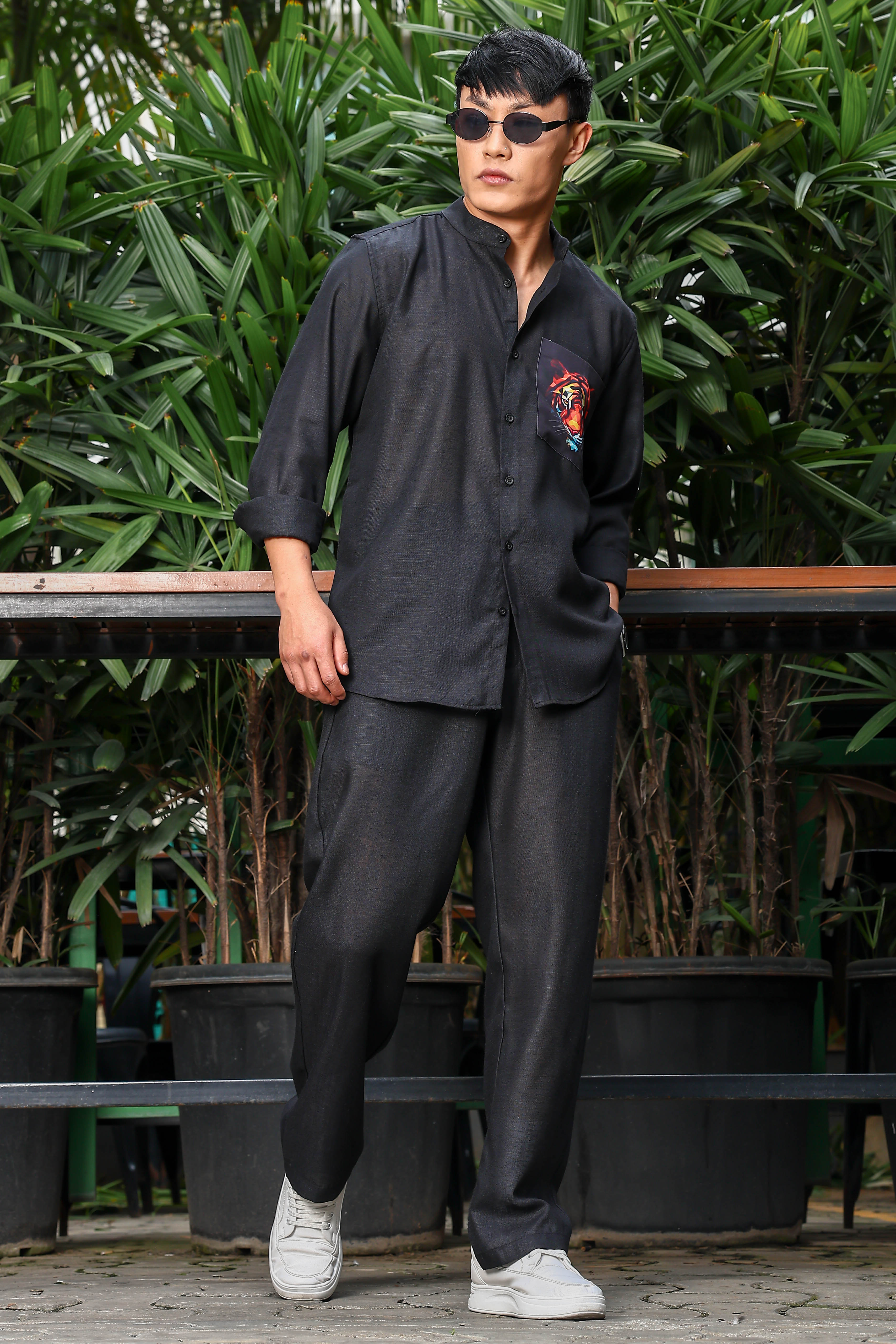 Unisex Black Casual Print Trouser