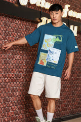 Unisex Blue Oversized Printed Drop-Shoulder Sleeve Pure Cotton Tshirt
