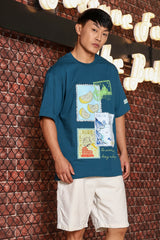 Unisex Blue Oversized Printed Drop-Shoulder Sleeve Pure Cotton Tshirt