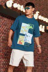 Unisex Blue Oversized Printed Drop-Shoulder Sleeve Pure Cotton Tshirt