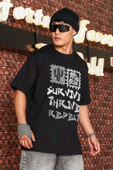 Unisex Black Oversized Printed Drop-Shoulder Sleeve Pure Cotton Tshirt