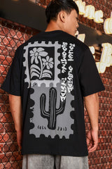 Unisex Black Oversized Printed Drop-Shoulder Sleeve Pure Cotton Tshirt