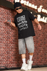Unisex Black Oversized Printed Drop-Shoulder Sleeve Pure Cotton Tshirt