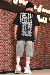 Unisex Black Oversized Printed Drop-Shoulder Sleeve Pure Cotton Tshirt