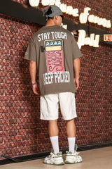 Unisex Grey Oversized Printed Drop-Shoulder Sleeve Pure Cotton Tshirt