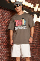 Unisex Grey Oversized Printed Drop-Shoulder Sleeve Pure Cotton Tshirt