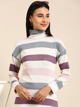 Women's White & Grey Striped Woolen Jumper Casual Dress