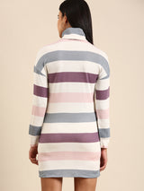 Women's White & Grey Striped Woolen Jumper Casual Dress