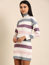 Women's White & Grey Striped Woolen Jumper Casual Dress