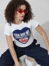 Women's White Knitted Casual Printed Cropped Half Sleeves Tshirt