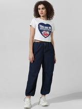Women's White Knitted Casual Printed Cropped Half Sleeves Tshirt