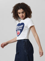 Women's White Knitted Casual Printed Cropped Half Sleeves Tshirt