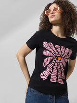 Women's Black Knitted Casual Printed Regular Fit Half Sleeves Tshirt