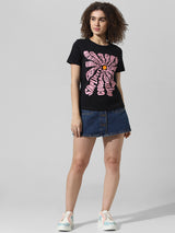 Women's Black Knitted Casual Printed Regular Fit Half Sleeves Tshirt