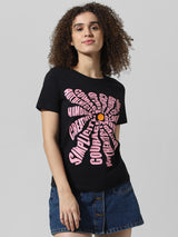 Women's Black Knitted Casual Printed Regular Fit Half Sleeves Tshirt