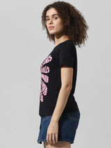 Women's Black Knitted Casual Printed Regular Fit Half Sleeves Tshirt