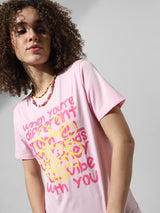 Women's Pink Knitted Casual Printed Regular Fit Half Sleeves Tshirt