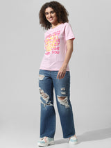 Women's Pink Knitted Casual Printed Regular Fit Half Sleeves Tshirt