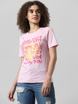 Women's Pink Knitted Casual Printed Regular Fit Half Sleeves Tshirt