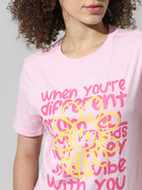 Women's Pink Knitted Casual Printed Regular Fit Half Sleeves Tshirt
