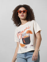 Women's White Knitted Casual Printed Regular Fit Half Sleeves Tshirt