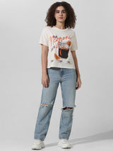 Women's White Knitted Casual Printed Regular Fit Half Sleeves Tshirt