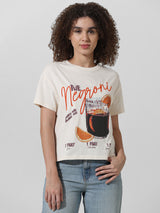 Women's White Knitted Casual Printed Regular Fit Half Sleeves Tshirt