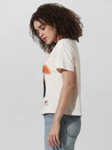 Women's White Knitted Casual Printed Regular Fit Half Sleeves Tshirt
