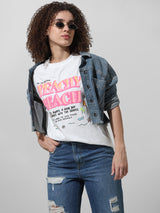 Women's White Knitted Casual Printed Longline Half Sleeves Tshirt