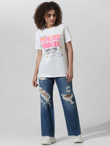 Women's White Knitted Casual Printed Longline Half Sleeves Tshirt