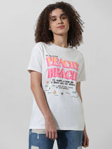 Women's White Knitted Casual Printed Longline Half Sleeves Tshirt