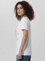 Women's White Knitted Casual Printed Longline Half Sleeves Tshirt
