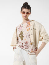 Women's Beige Knitted Casual Printed Regular Fit Half Sleeves Tshirt