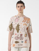 Women's Beige Knitted Casual Printed Regular Fit Half Sleeves Tshirt