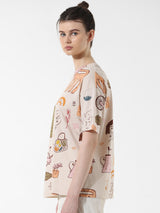 Women's Beige Knitted Casual Printed Regular Fit Half Sleeves Tshirt