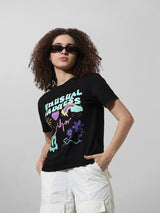 Women's Black Knitted Casual Printed Regular Fit Half Sleeves Tshirt