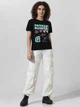 Women's Black Knitted Casual Printed Regular Fit Half Sleeves Tshirt