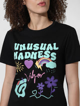 Women's Black Knitted Casual Printed Regular Fit Half Sleeves Tshirt