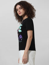 Women's Black Knitted Casual Printed Regular Fit Half Sleeves Tshirt