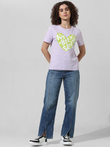 Women's Purple Knitted Casual Printed Regular Fit Half Sleeves Tshirt