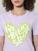 Women's Purple Knitted Casual Printed Regular Fit Half Sleeves Tshirt