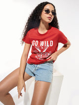 Women's Red Casual Printed Half Sleeves Tshirt