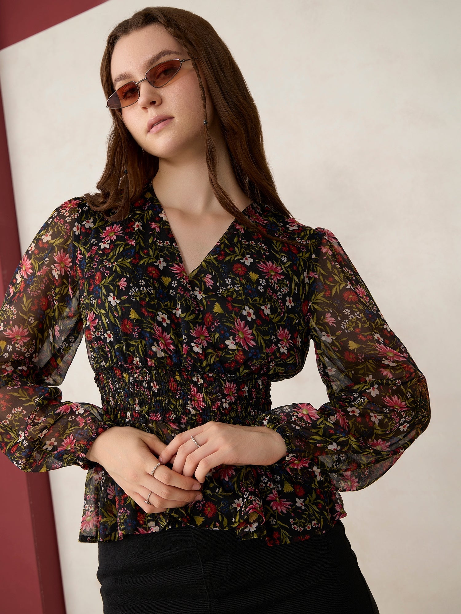Women's Black Printed Peplum Top