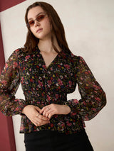 Women's Black Printed Peplum Top
