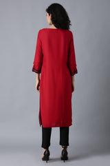 Women's Red Geometric Printed Keyhole Neckline Rayon Straight Kurta